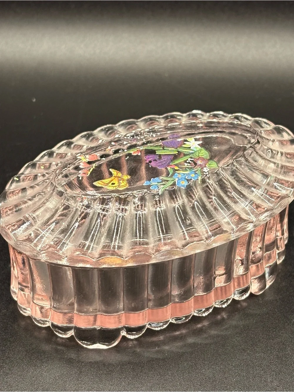 1988 Fenton Pink Glass Floral Butterfly Trinket Box